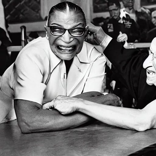 Prompt: Ruth Bader Ginsburg arm wrestling Mike Tyson, 4k, photo realistic, by Ansel Adams