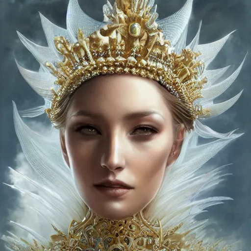 Image similar to a beautiful woman wearing a white dress made of silk, and a crown made of golden ornaments and diamonds jewelry by alex gray and android jones, karol bak, ayami kojima, amano, concept art, character design, fantasy, 3 d, 8 k resolution