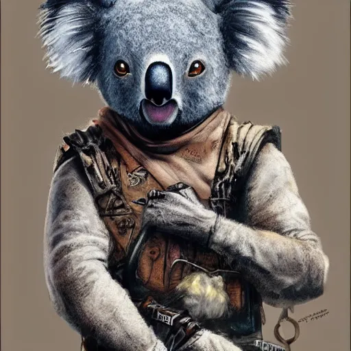 Prompt: A koala dressed like in Mad Max in the style of a DnD character portrait, concept art