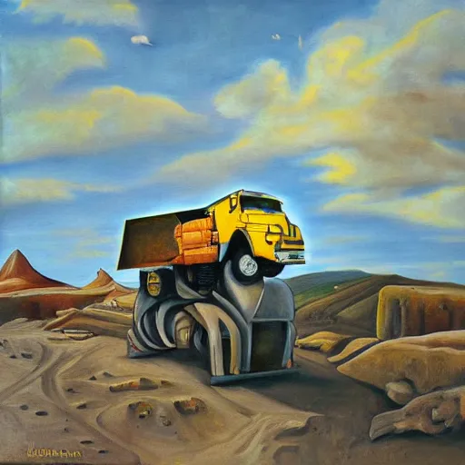 Image similar to an oil painting of a giant tonka truck, surrealism