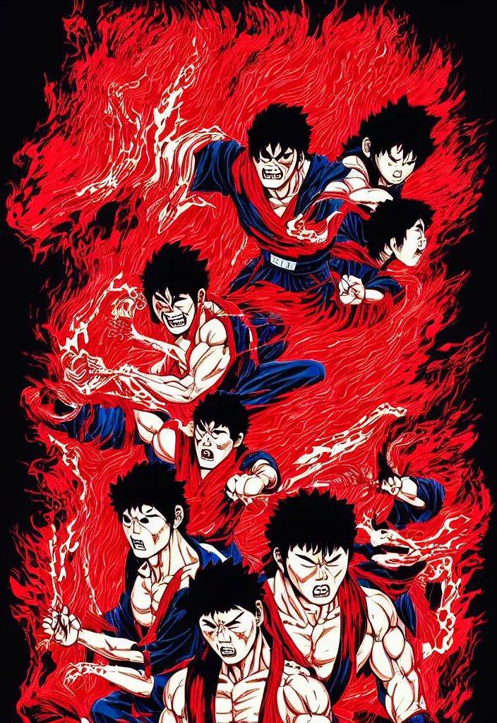 Image similar to a comic book style japanese horror poster of ryu, akuma and ken by dan mumford, yusuke murata and junji ito, blood lines, yokai, kanji, 8k, unreal engine, trending on artstation, pixiv, intricate details, volumetric lighting