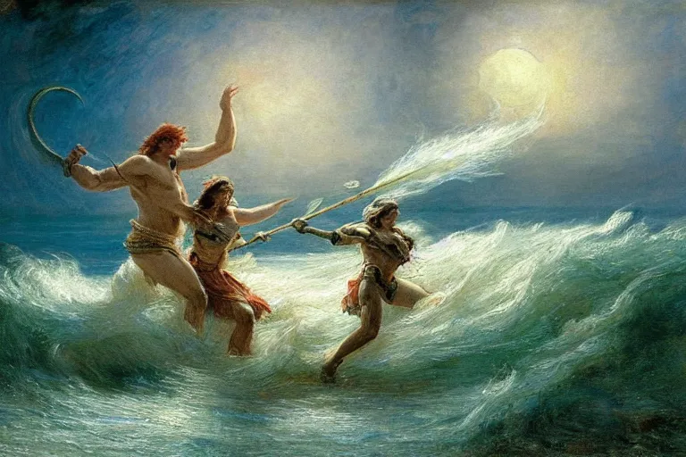 Prompt: painting of a mythical hero crossing the ocean on a small boat fighting a humanoid personification of a wave. a personification of the moon overlooks the fight. art by gaston bussiere.