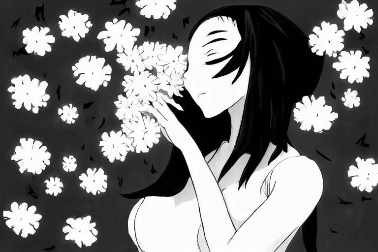 Image similar to “Extremely distraught black and white anime girl dramatically crying with flowers petals being blown around her by a violent wind, black and white”