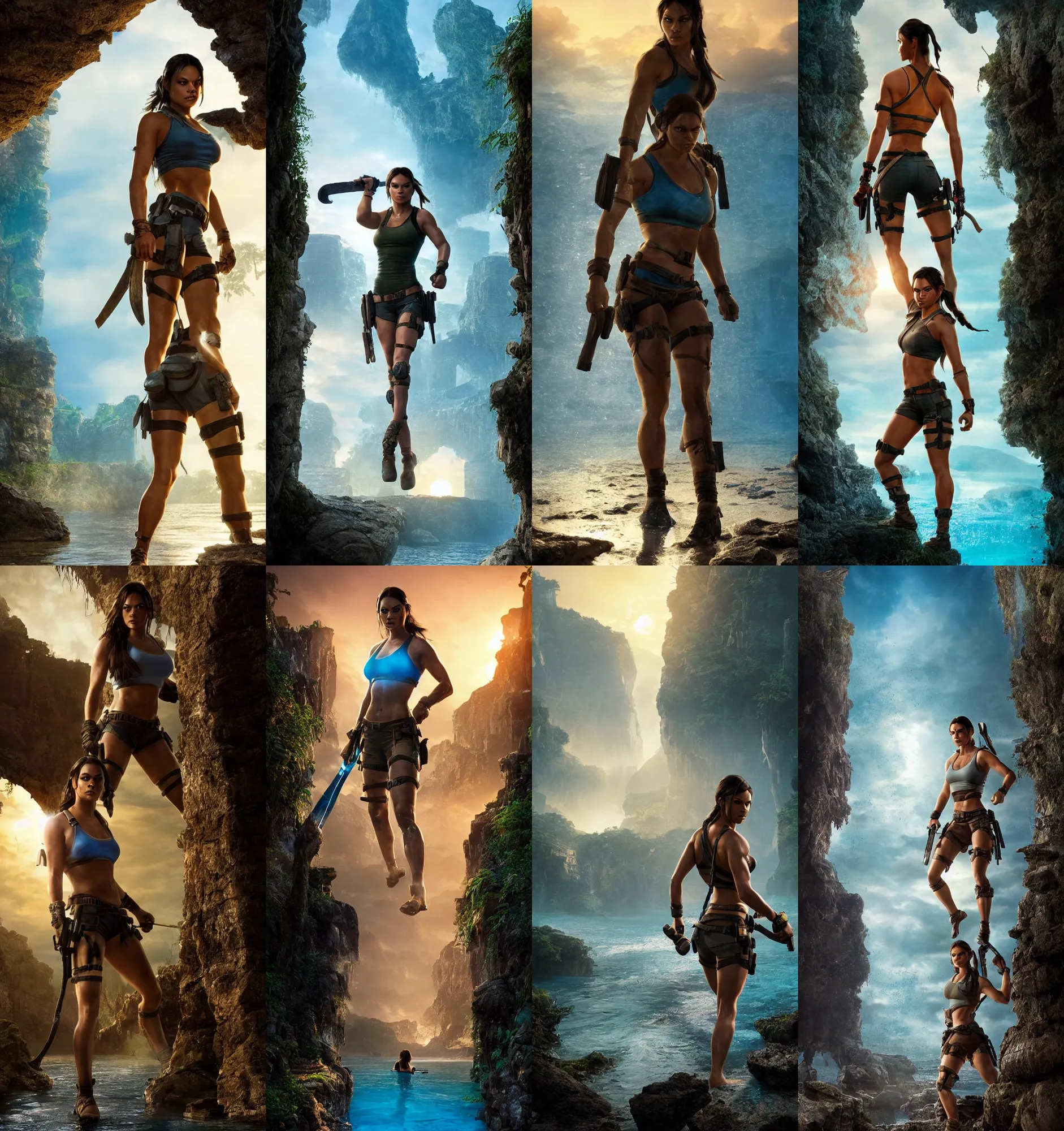 Image similar to mila kunis as muscled amazon lara croft wading through shallow blue glowing water, bright white castle stones, 2 0 0 mm focal length, epic vista of old ruins, sundown, golden hour, intricate, elegant, stanley lau, greg rutkowski