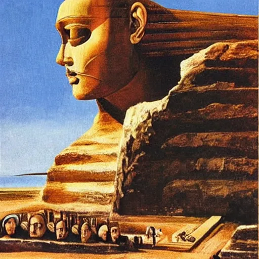 Image similar to the sphinx with the head of john cleese, young john cleese's head on the sphinx, painting by salvador dali