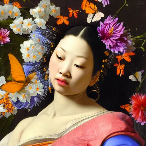 Prompt: a closeup portrait of one beautiful asian goddess with swirling vivid coloured hair and a wall full of flowers and butterflies in the background, painted by caravaggio, rachel ruysch, vermeer and ambrosius bosschaert, hyperrealism, dark, dramatic lighting, swirly paint, analogous complementary colour scheme, trending in artstation, octane, rendered