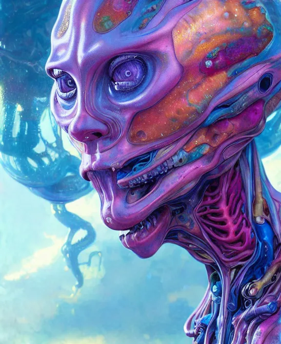 Image similar to colorful transparent portrait of a terrifying beautiful alien sea creature, mottled coloring, adorable, childlike, biopunk environment, ultra realistic, concept art, art nouveau, photorealistic, octane render, 8 k, unreal engine. art by christopher marley and artgerm and greg rutkowski and alphonse mucha