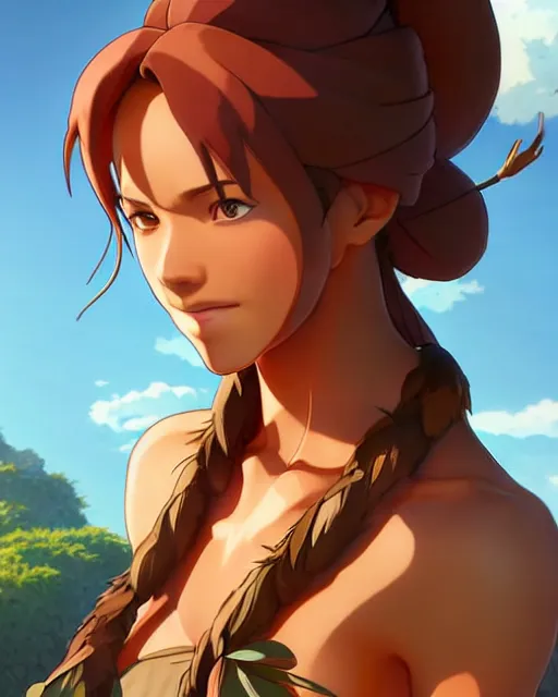 Image similar to ginger tanned woman in a prehistoric outfit, by artgerm, hair tied in a ponytail, no background character concept, by studio muti, greg rutkowski makoto shinkai takashi takeuchi studio ghibli