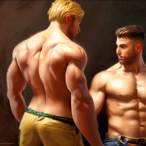 Prompt: attractive muscular male with brunet hair and attractive muscular male with blond hair. pants and shorts, drinking their hearts out, in a pub, close shot, very defined, highly detailed painting by gaston bussiere, j. c. leyendecker, craig mullins 8 k