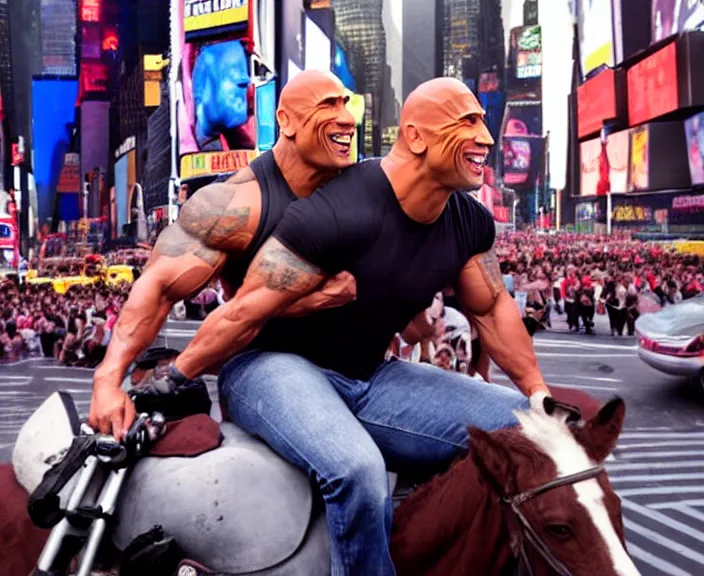 Image similar to Dwayne the Rock Johnson riding on the back of Adam Sandler, doing Methamphetamine at Times Square, photograph by Alfred Eisenstaedt, 4K, dramatic lighting; 4K 8K