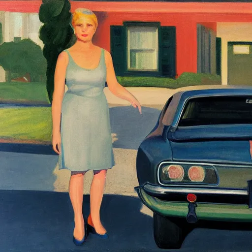 Image similar to Portrait with car, dated a woman that lived on Cooterneck Road, She had a catfish Camero and was cooler than me, by Edward Hopper and Bo Bartlett