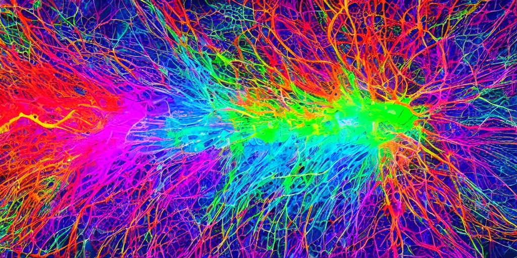 Prompt: city streets neuron brainbow hd 8 k digital art colourful