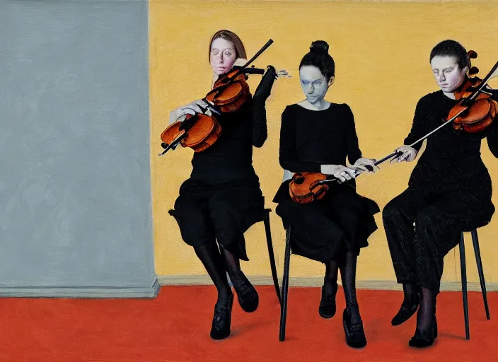 Image similar to portrait of two sister violin players getting ready to perform looking, half figure front, francis bacon and pat steir and petra cortright and james jean, psychological, photorealistic, intriguing details, rendered in octane, altermodern