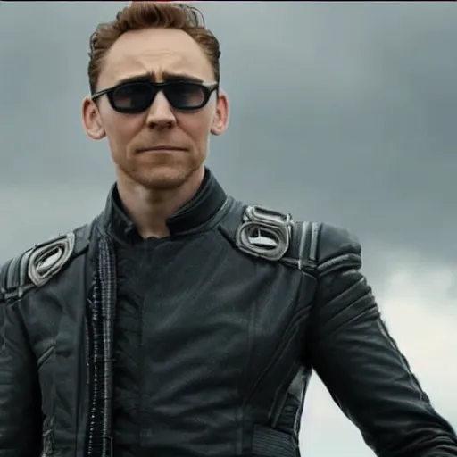 Image similar to film still of Tom Hiddleston as Nick Fury with leather patch over one eye in Avengers