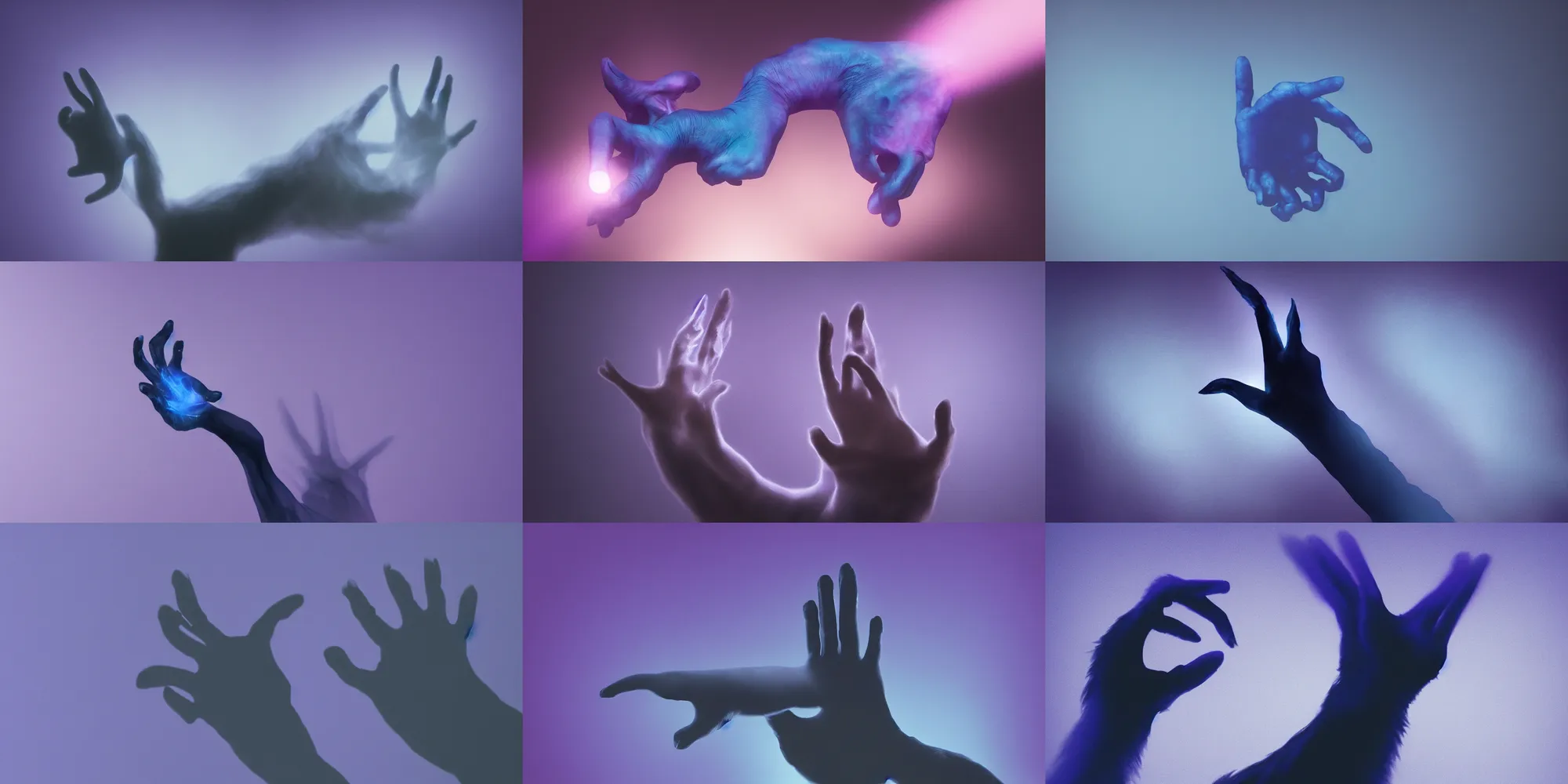 Prompt: ghostly dark-blue inhuman animal hand reaching up on the dark-violet background, precise, digital painting, octane render, wow