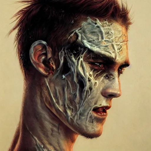 Prompt: portrait painting of a bitter young man with severe burn scars on his face and poorly cut very short hair wearing tattered leather armor, ultra realistic, concept art, intricate details, eerie, highly detailed, photorealistic, octane render, 8 k, unreal engine. art by artgerm and greg rutkowski and charlie bowater and magali villeneuve and alphonse mucha