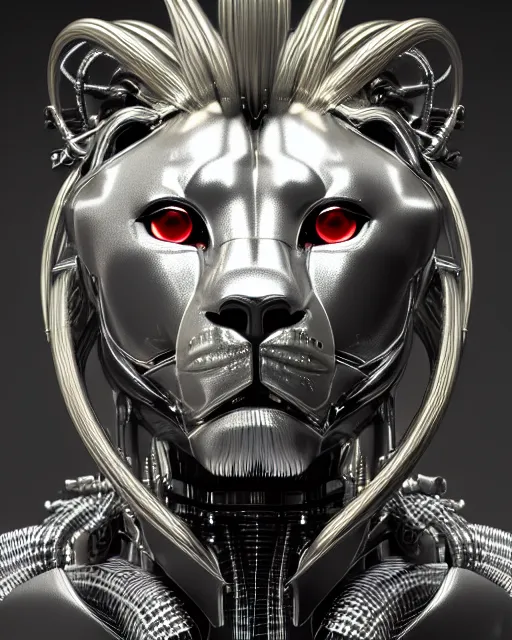 Prompt: potrait complex 3 d render hyper detail portrait of a silver mechanical lion cyborg, sci fi, intricate, art by kazuhiko nakamura and hajime sorayama, 8 k octane detailed render, post - processing, extremely hyperdetailed, intricate futuristic mechanic parts, maya, dark background, sharp focus, blender, cinematic lighting + masterpiece, trending on artstation