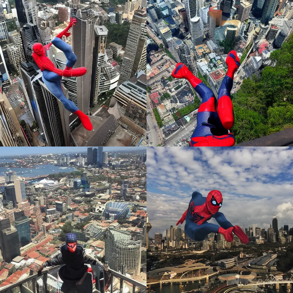 Prompt: Spiderman swinging through Sydney, Australia