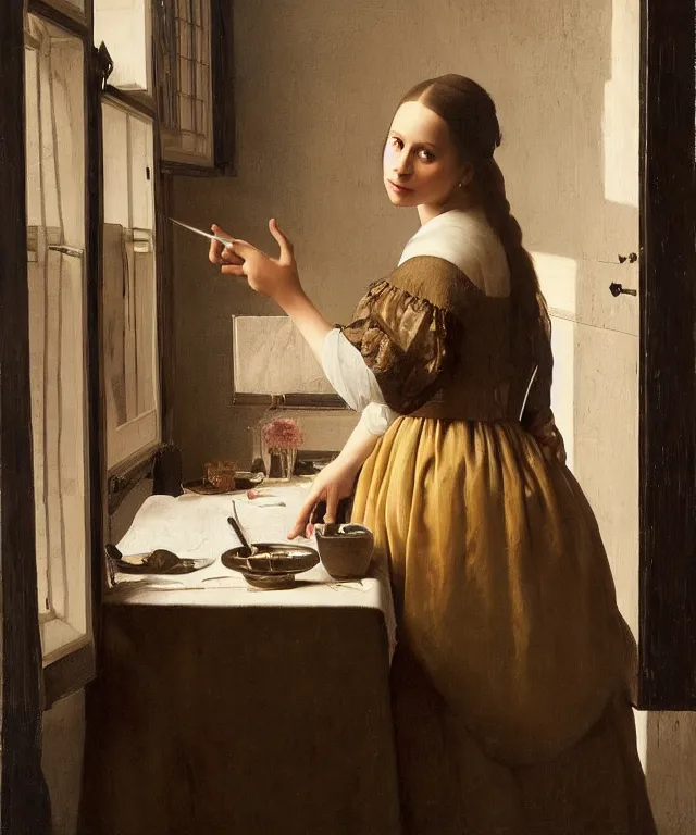 Image similar to a highly detailed, beautifully lit portrait of a pretty, young alicia vikander sitting at a table by an open window, oil painting portrait by vermeer and bouguereau