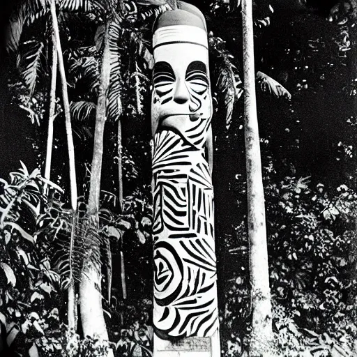 Image similar to lost film footage of a sacred surrealist totem in the middle of the tropical jungle / film still / cinematic / enhanced / 1 9 2 0 s / black and white / grain