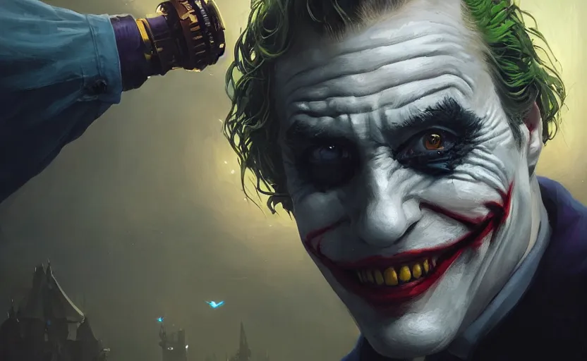 Image similar to highly detailed portrait of christoph waltz as the joker laughing, in batman comic book, stephen bliss, unreal engine, fantasy art by greg rutkowski, loish, rhads, ferdinand knab, makoto shinkai and lois van baarle, ilya kuvshinov, rossdraws, tom bagshaw, global illumination, radiant light, detailed and intricate environment