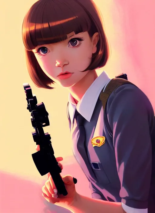 Image similar to movie, full body, cute, female, a pretty alluring girl wearing a school uniform and holding a sniper rifle, symmetry face, photoreal, realistic shaded lighting poster by ilya kuvshinov, katsuhiro otomo, kidmo!!!, trending on artstation, magali villeneuve, artgerm, jeremy lipkin and michael garmash