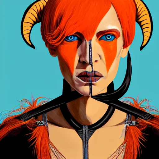 Image similar to illustrated portrait of skinny prominently ram-horned woman with solid black eyes orange skin and blue hair wearing leather armor, hyper detailed, photorealistic