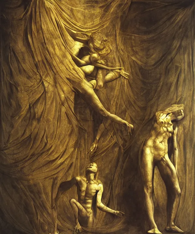 Image similar to The room without doors and windows with beautiful full-body wax sculpture of a glowing transparent woman with visible golden bones inside it in the singularity where stars becoming baroque folds of dark matter by Michelangelo da Caravaggio, Nicola Samori, William Blake, Alex Grey and Beksinski, dramatic volumetric lighting, highly detailed oil painting, 8k, masterpiece