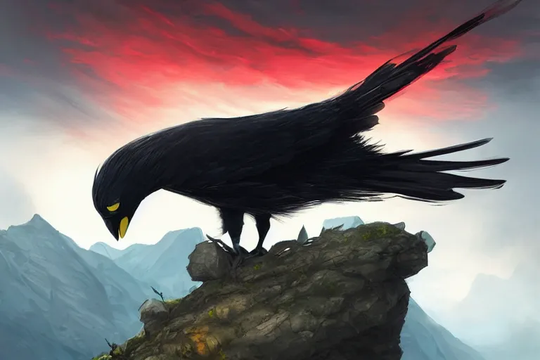 Image similar to red - eyed scary gigantic crow standing on top of a hill, looking down, cloudy sky in the background, digital painting, epic, pokemon style, earth type pokemon, smooth, trending on artstation, professional painting, made by greg rutkowski