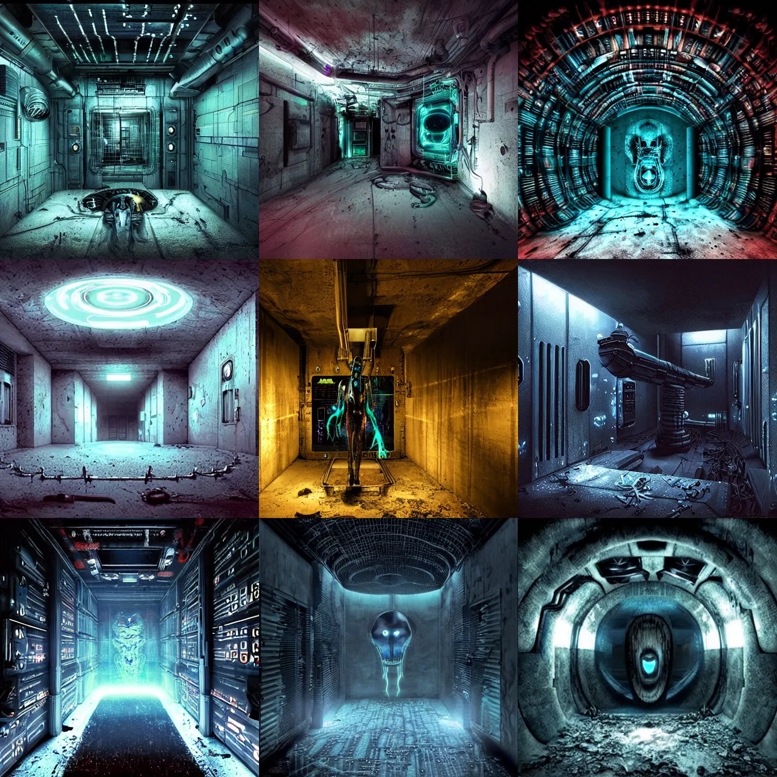 Prompt: dark disturbing cyberpunk bunker with alien mechanisms inside, with mystical glowing fluid, ultra detailed, made by john e. berninger