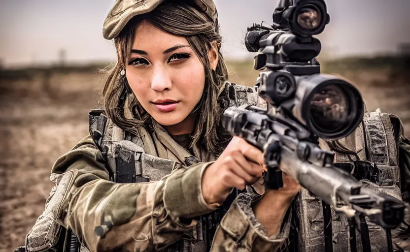 Image similar to photo of sniper shot on infantry girl, highly detailed, smoke dirt in background, high resolution, cosplay photo, stunning, girls frontline style, bokeh soft, shot on 7 0 mm, zenithal lightning, trending on instagram, by award winning photographer, real human faces, symmetrical facial features, modern warfare, shot with a professional camera, low saturation