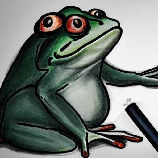 Image similar to a courtroom sketch of an angry frog pointing at alex jones on the stand