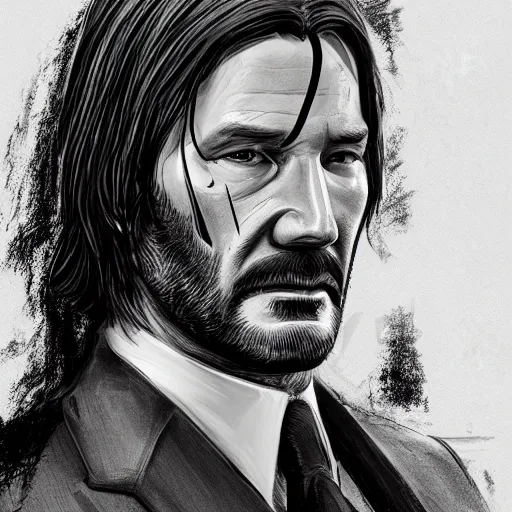 Prompt: highly detailed full facial portrait of a suffering john wick, concept art by jama jurabaev cel shaded cinematic ultra wide shot trending on artstation high quality brush stroke hyperspace vibrant