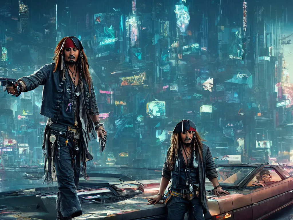 Image similar to jack sparrow in the game of cyberpunk 2 0 7 7, portrait, focus, 3 d illustration, sharp, intricate, poster, jack sparrow standing in front of the futuristic car, night city dystopian cyberpunk city in the background, holding a gun, photo, detailed photo, scene from blade runner