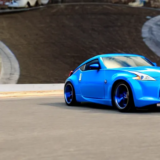 Prompt: a nissan 3 6 0 z in acceleracers hotwheels, glowing blue wheels, professional photography, wide - angle