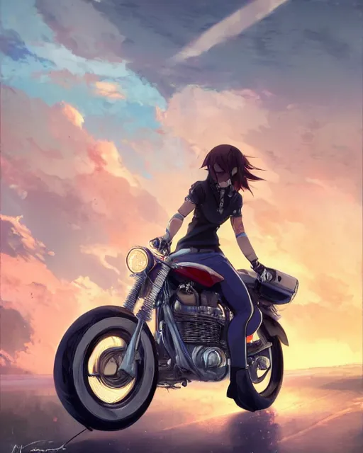 Image similar to a girl joyriding a on a motorcycle, full shot, atmospheric lighting, detailed face, by makoto shinkai, stanley artgerm lau, wlop, rossdraws
