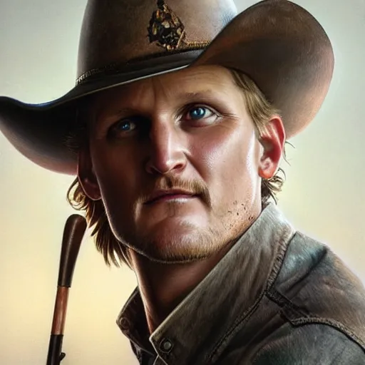 Prompt: portrait painting of smirk woody harrelson, with a cowboy hat and bloody golf club, ultra realistic, concept art, intricate details, eerie, highly detailed, photorealistic, octane render, 8 k, unreal engine. art by artgerm and greg rutkowski and alphonse mucha