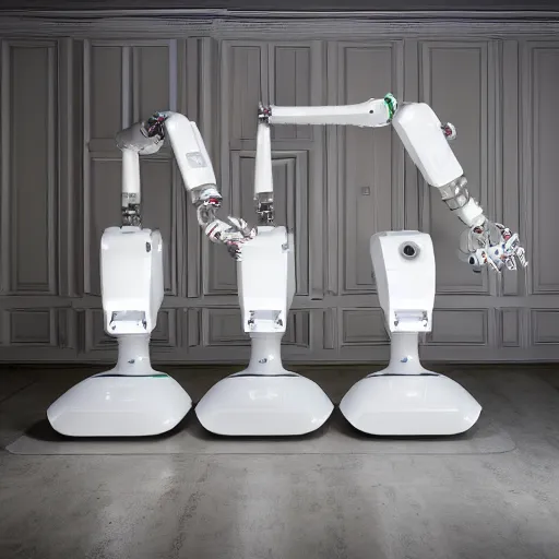 Image similar to three large white glossy kuka industrial robot arms on the floor around a dinner table full of food, the kuka industrial robot arms are wearing bow ties, they are having a dinner party inside a posh fine dining restaurant with retro modern furniture and decor, global illumination, artstation, fantasy, volumetric light