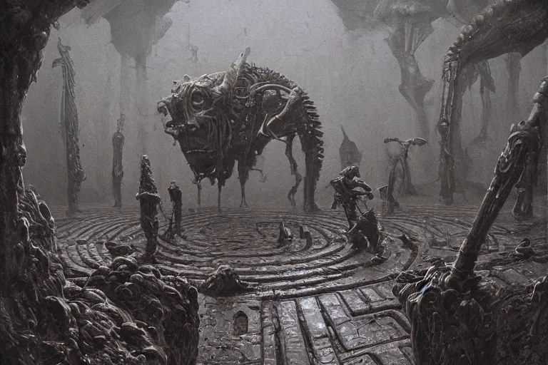 Prompt: labyrinth of minotaur, by giger, stalenhag, beksinski, retro sci - fi movie, highly detailed, photorealistic, illustration, 8 k, artstation