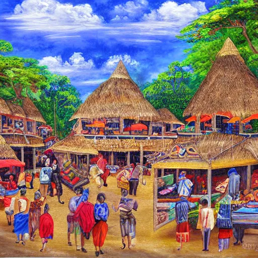 Prompt: enchanted painting of a bustling marketplace in a mayan city in the jungles of honduras, realistic, panoramic, 4 k