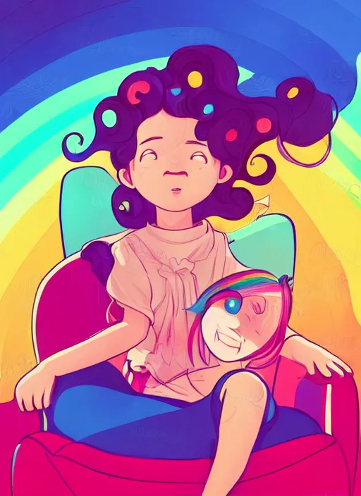 Image similar to a little girl with wavy curly rainbow hair sitting in an armchair. clean cel shaded vector art. shutterstock. behance hd by lois van baarle, artgerm, helen huang, by makoto shinkai and ilya kuvshinov, rossdraws, illustration, art by ilya kuvshinov