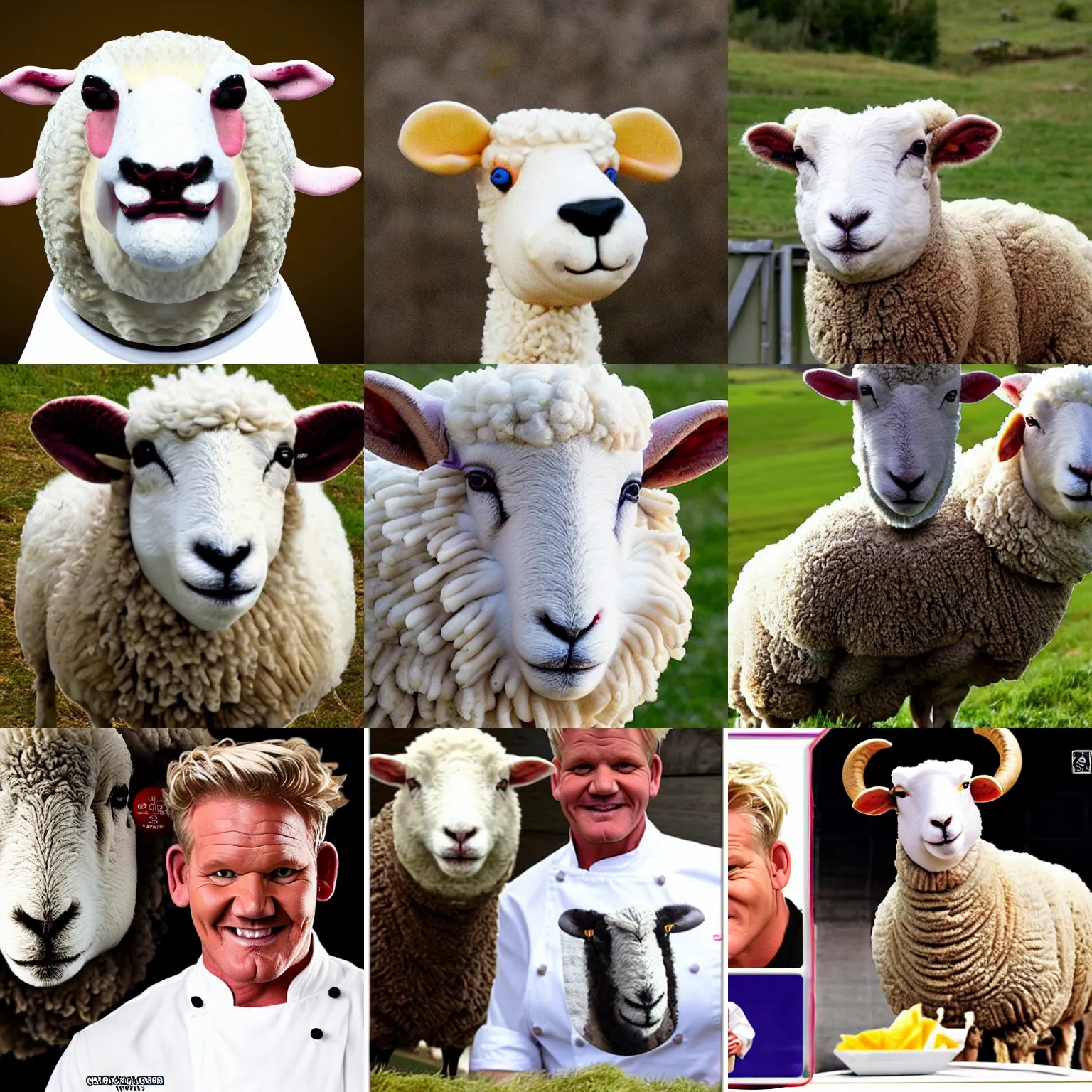 Prompt: a sheep ram with the face of chef! gordon ramsay!