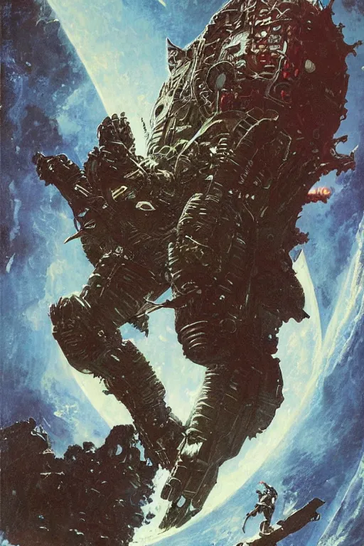 Prompt: pulp scifi fantasy illustration full body portrait of martyn ford as huge monstrous demon smashing spaceship on the moon, by norman rockwell, jack kirby, bergey, craig mullins, ruan jia, jeremy mann, tom lovell, marvel, astounding stories, 5 0 s