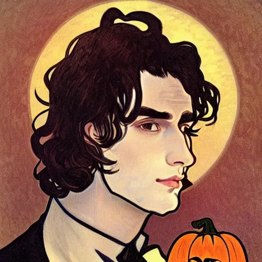 Image similar to painting of young cute handsome beautiful dark medium wavy hair man in his 2 0 s named shadow taehyung and cute handsome beautiful min - jun together at the halloween! party, bubbling cauldron!, candles!, smoke, autumn! colors, elegant, wearing suits!, delicate facial features, art by alphonse mucha, vincent van gogh, egon schiele