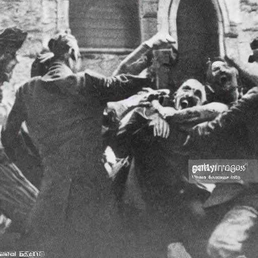 Image similar to a 1 9 3 0 s newspaper photo of a vampire attacking a group of people outside a church