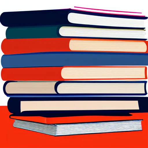 Prompt: illustration of a stack of books. navy and red-orange hues.