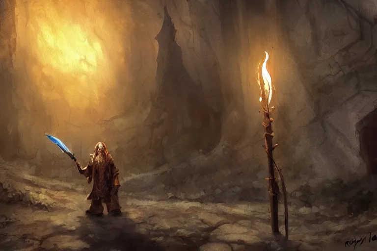 Prompt: concept art, mood painting, environment painting, man holding torch dark ruined mineshaft lotr. style of ryan church, jon mccoy, george hull, painting