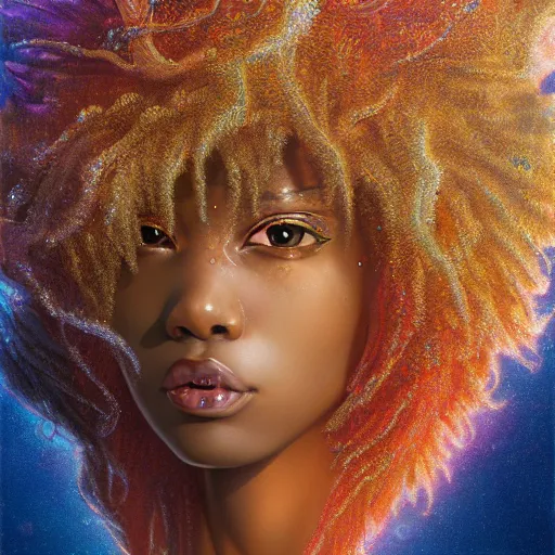 Image similar to ultra detailed illustration of a angry afro american anime girl covered in a sea of iridecent liquid, chrome metal material, lost in a dreamy oriental realm by Karol Bak, Ruan Jia, Moebius, hiroshi yoshida, Druillet, colorful, front view, vivid colors, 8k, coherent, anime vibes, uplifting, magical composition, artstation, synthwave, 8k, coherent, artgerm, uplifting, unreal engine, magical composition, artstation,