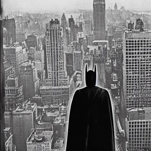 Image similar to old black and white photo, 1 9 1 3, depicting batman from dark knight on top of buildings of new york city, rule of thirds, historical record