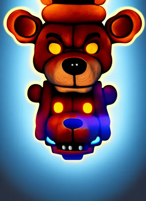 Image similar to portrait of freddy fazbear, glowing lights, highly detailed, digital painting, artstation, concept art, sharp focus, illustration